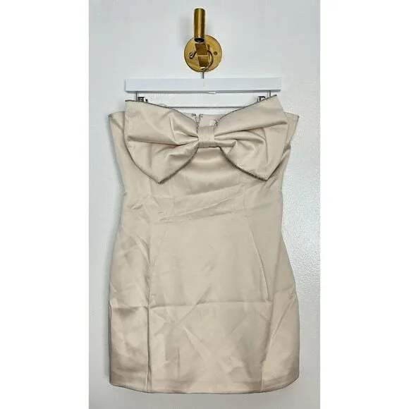 HOUSE OF CB Ariella Satin Crystal Embellished Bow Dress in Ivory Size Large